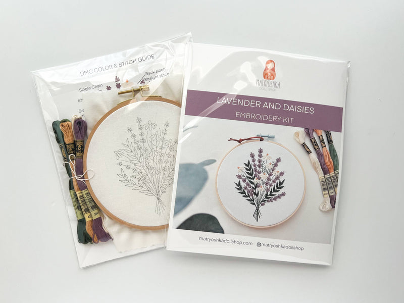 Lavender and Daisies Embroidery Kit by Matryoshka Doll Shop