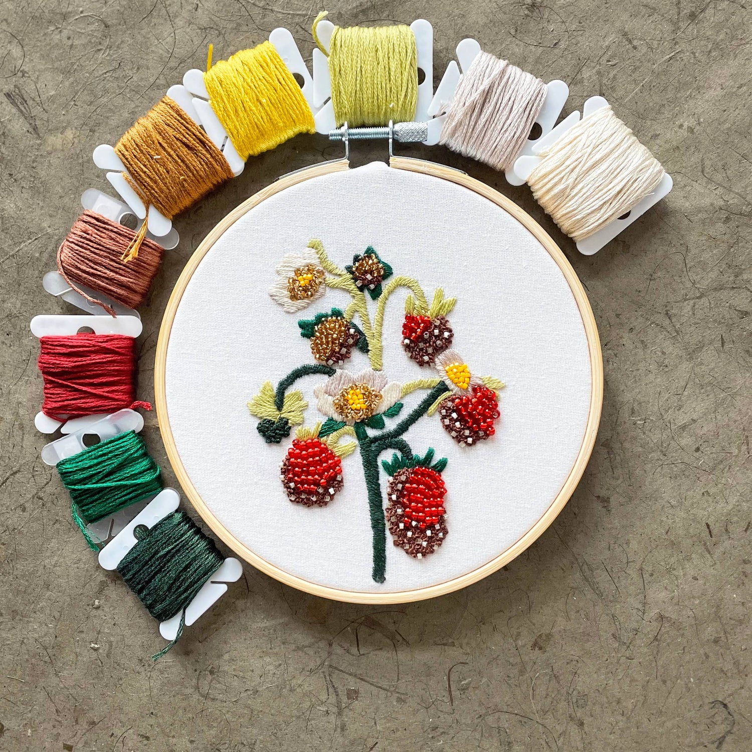 DIY Embroidery and Beadwork Kit - Strawberry Blossoms (5")