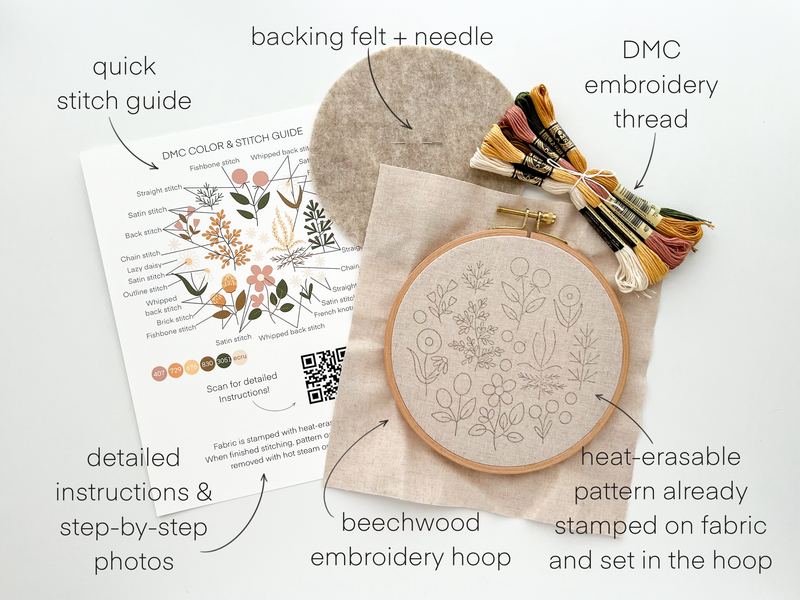 Floral Embroidery DIY Kit, modern embroidery craft kit by Matryoshka Doll Shop
