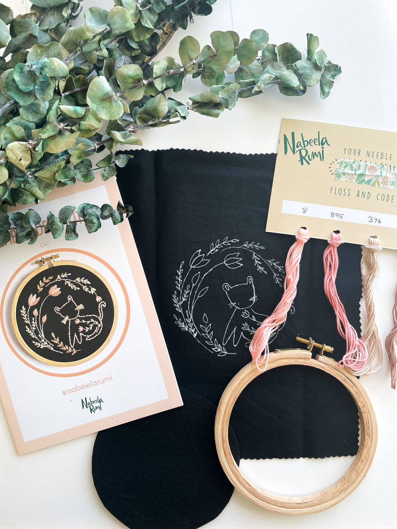 Floral Cat Embroidery Kit