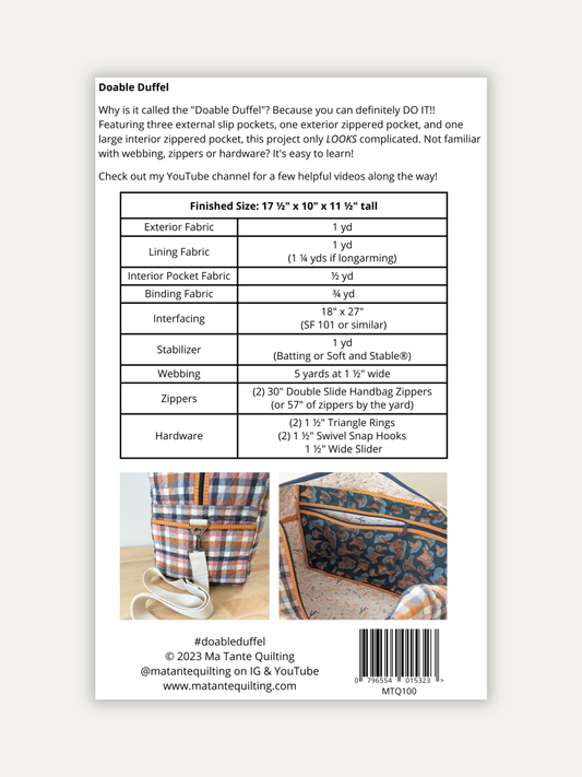 Doable Duffel (Paper Pattern) by Ma Tante Quilting