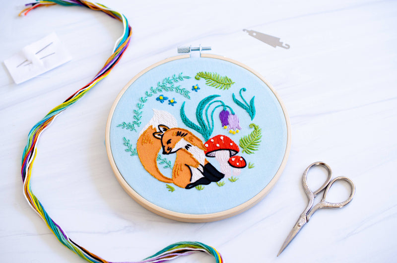 Enchanted Forest DIY Fox and Mushrooms Embroidery Kit by Antiquaria