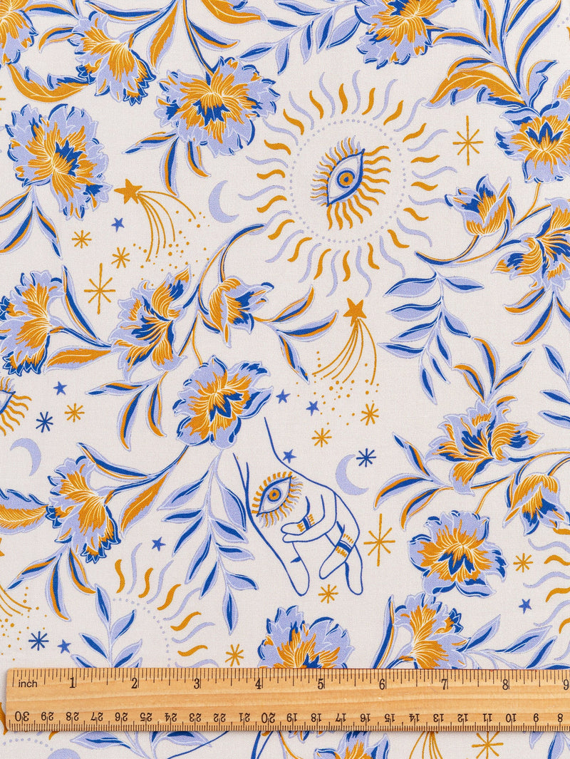 Amulet Print Ecovero Viscose - Cream + Periwinkle + Ochre by Core Fabrics