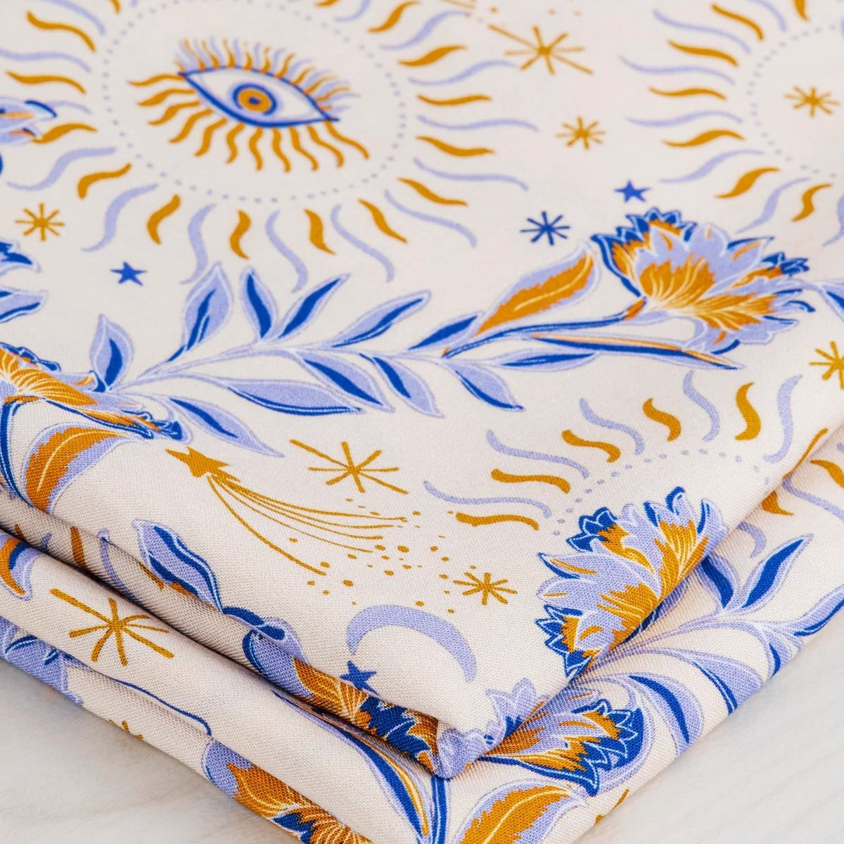 Amulet Print Ecovero Viscose - Cream + Periwinkle + Ochre by Core Fabrics