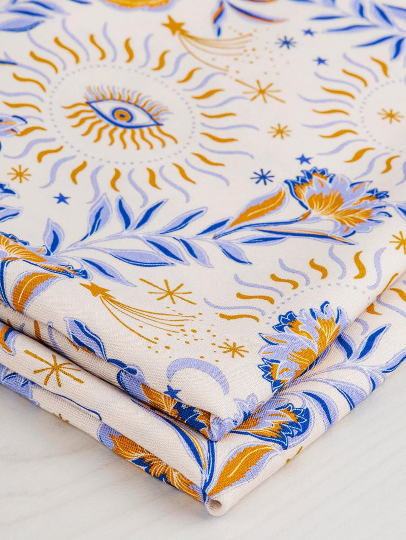 Amulet Print Ecovero Viscose - Cream + Periwinkle + Ochre by Core Fabrics