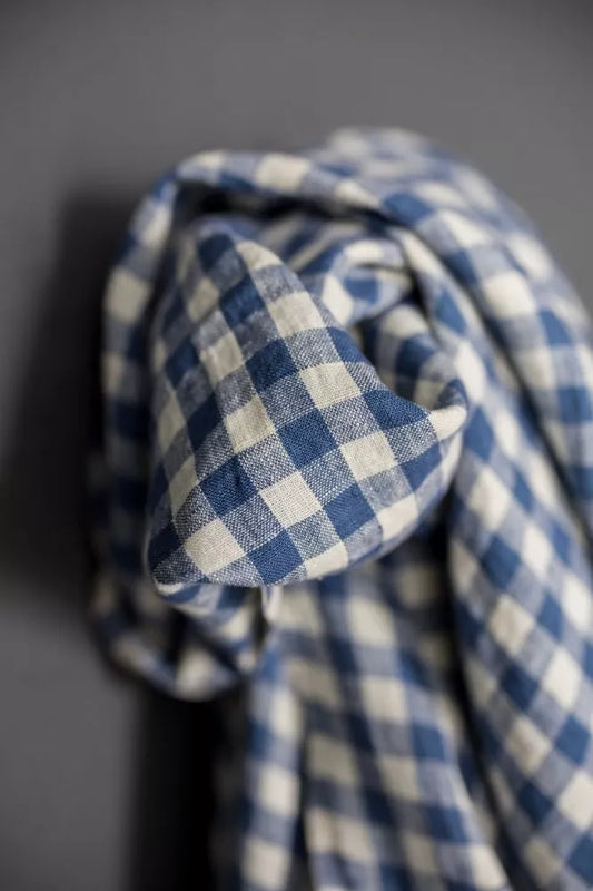 A close-up of a blue and white gingham checkered fabric, likely a kitchen towel or cloth, draped against a dark gray background.