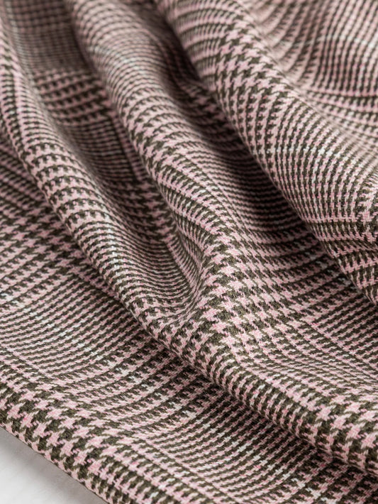 Glen Check Wool Viscose Blend Suiting Deadstock - Pink + Olive by Core Fabrics