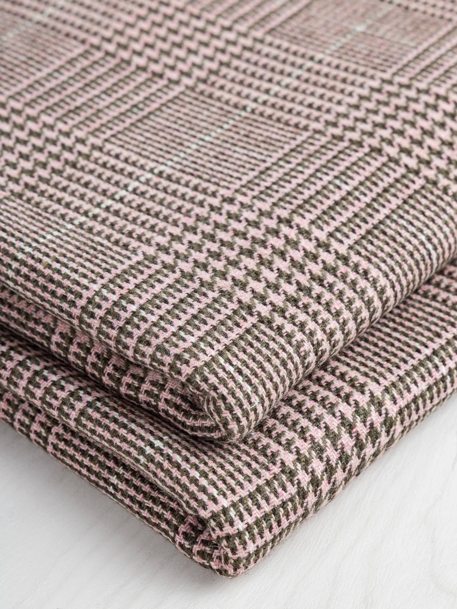 Glen Check Wool Viscose Blend Suiting Deadstock - Pink + Olive by Core Fabrics