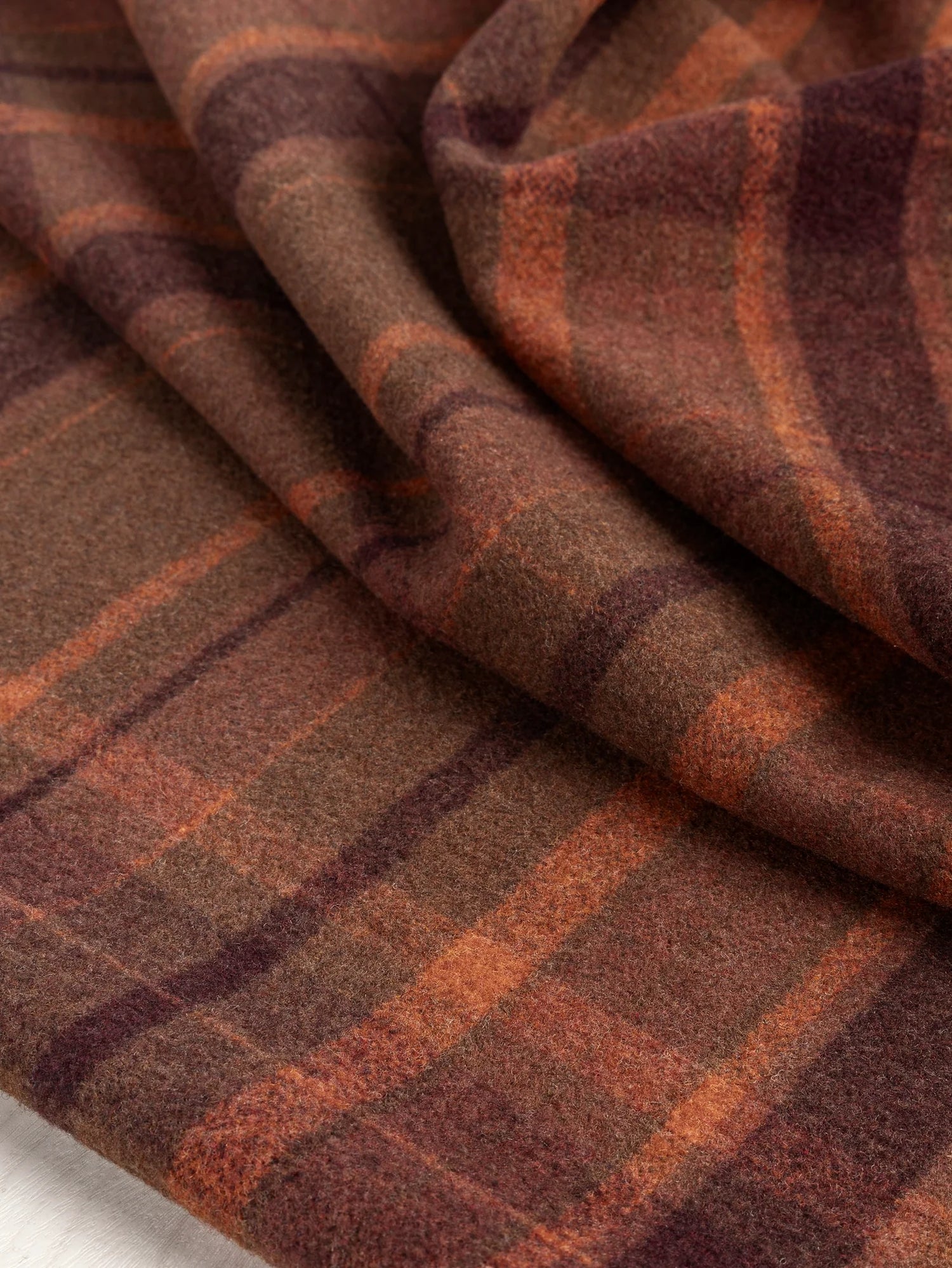 Large Plaid Melton Wool Blend Deadstock - Orange + Olive + Bordeaux by Core Fabrics
