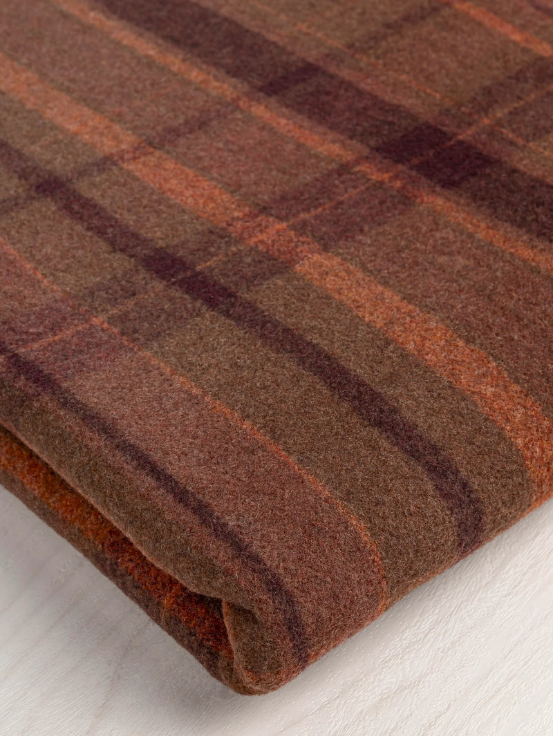 Large Plaid Melton Wool Blend Deadstock - Orange + Olive + Bordeaux by Core Fabrics