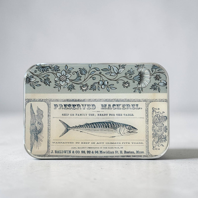 Vintage-style metal tin with preserved mackerel label on a light gray background