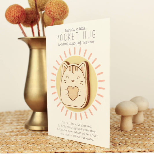 Wooden Pocket Hug, Cat. Thinking of You Gift by oh, little wren