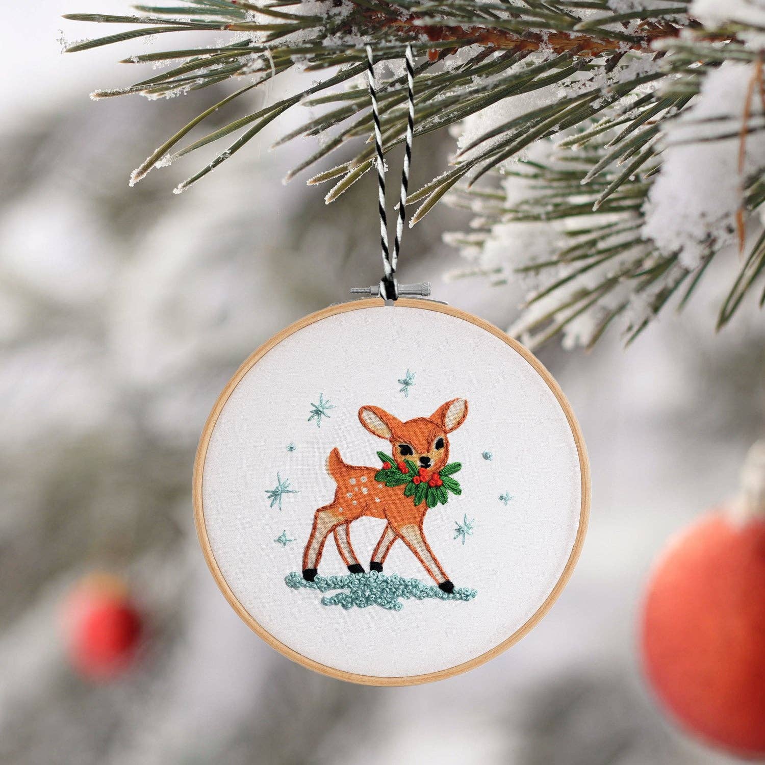 Hand Embroidery Ornament Kit, Festive Deer by Antiquaria Mercantile